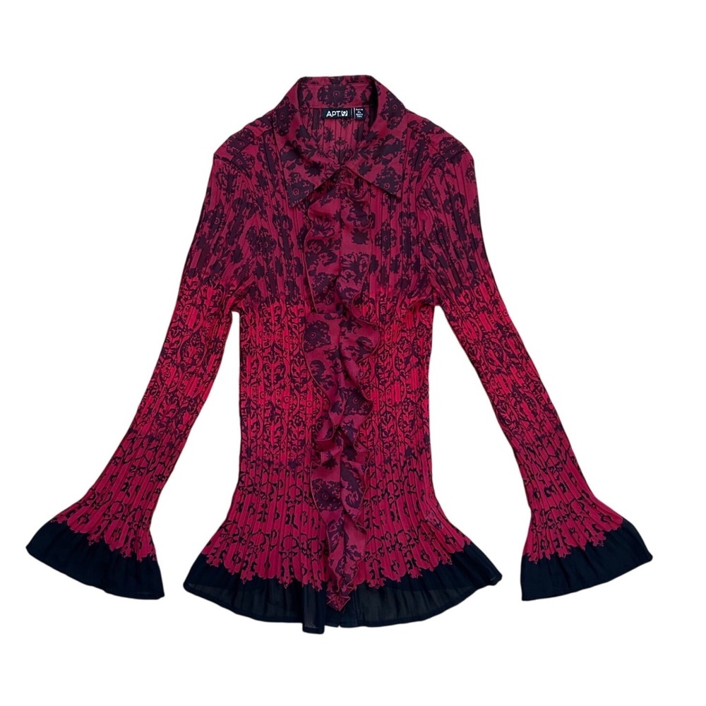Vintage Red Black Damask Micro Pleat Ruffle Bell Sleeve Blouse Petite L